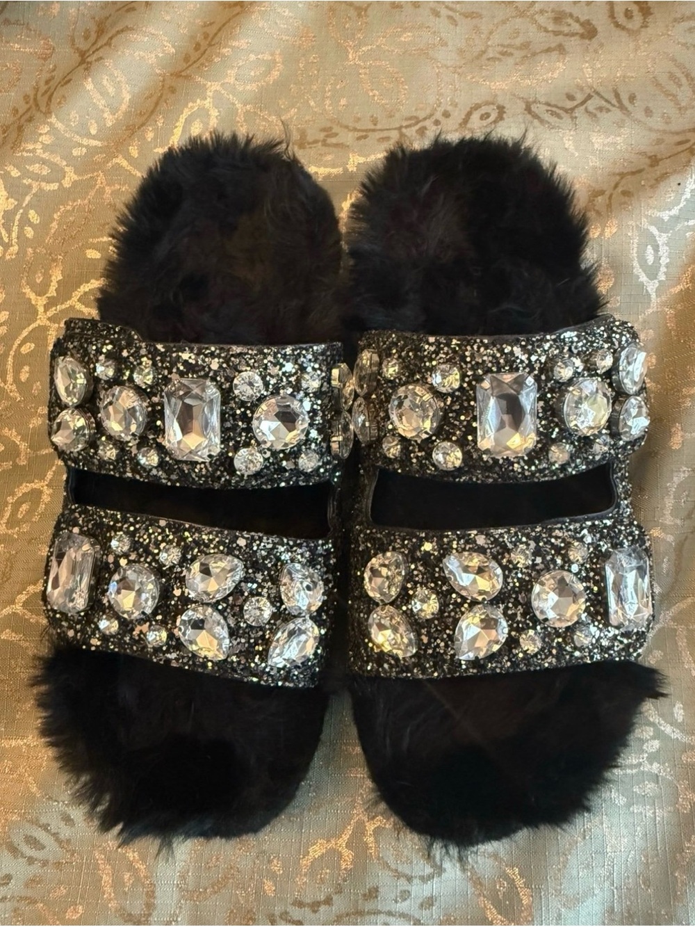 Michael Kors Black Jeweled Faux-Fur Slides Size 8 1/2